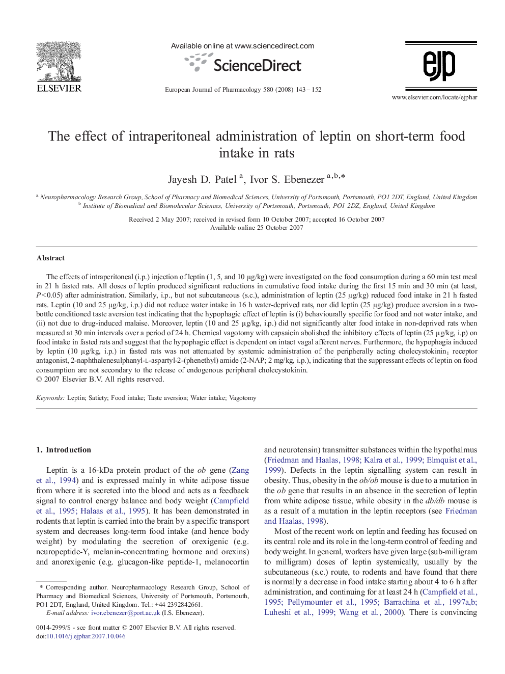 The effect of intraperitoneal administration of leptin on short-term food intake in rats