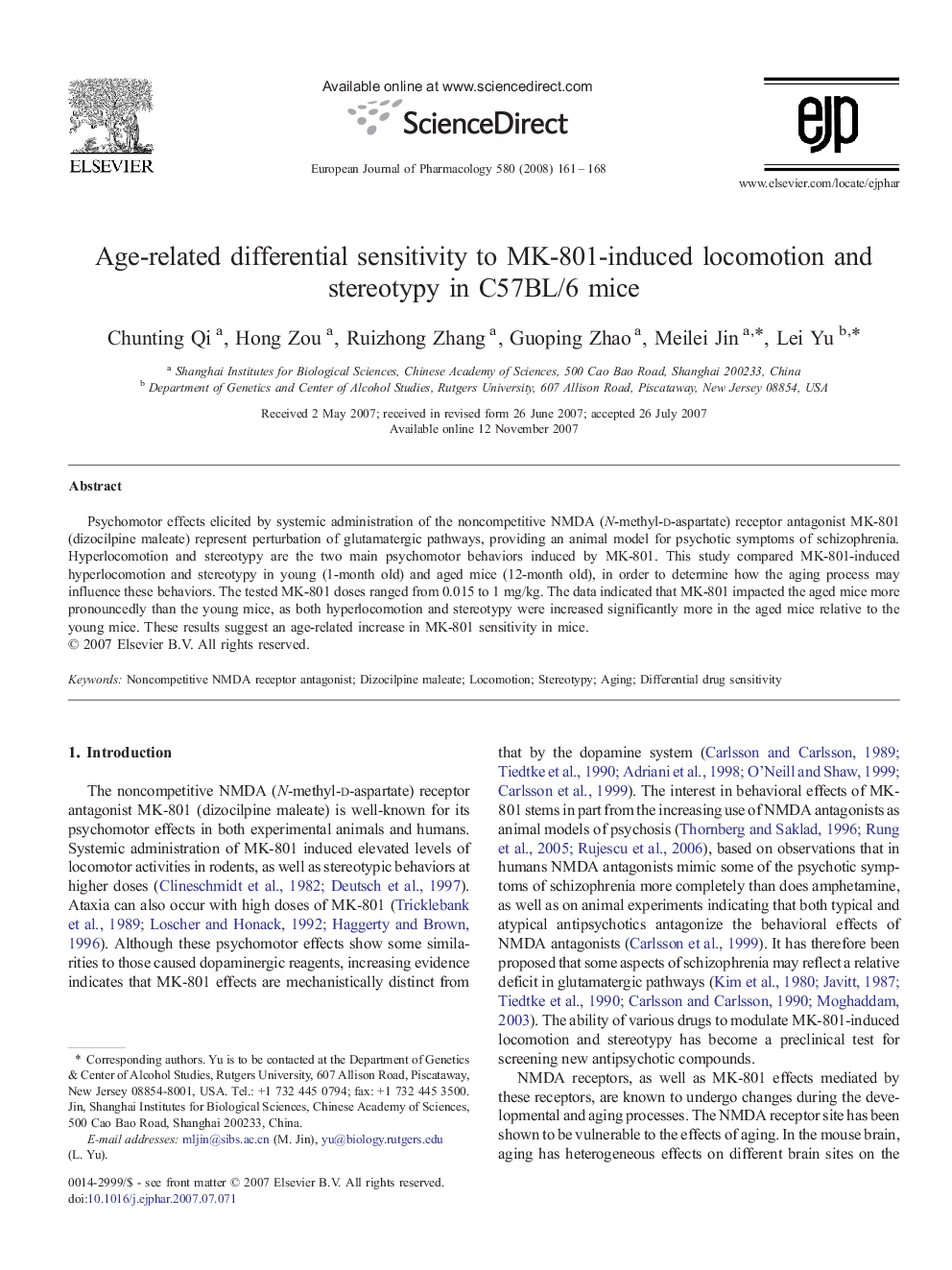 Age-related differential sensitivity to MK-801-induced locomotion and stereotypy in C57BL/6 mice