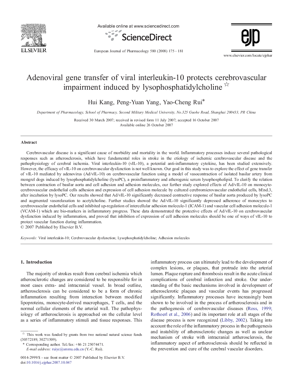 Adenoviral gene transfer of viral interleukin-10 protects cerebrovascular impairment induced by lysophosphatidylcholine 