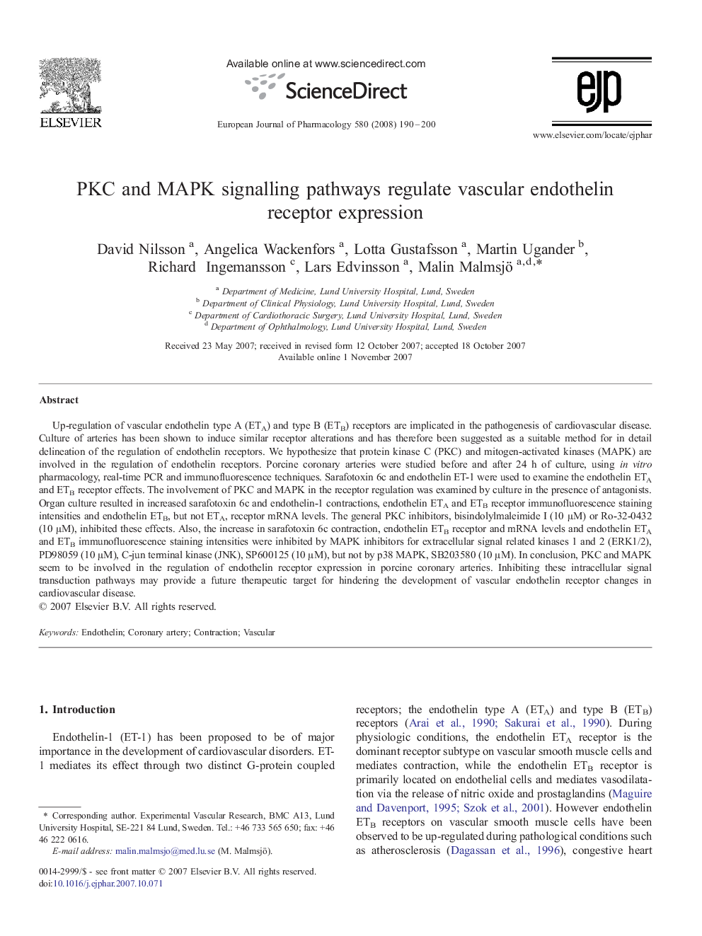 PKC and MAPK signalling pathways regulate vascular endothelin receptor expression