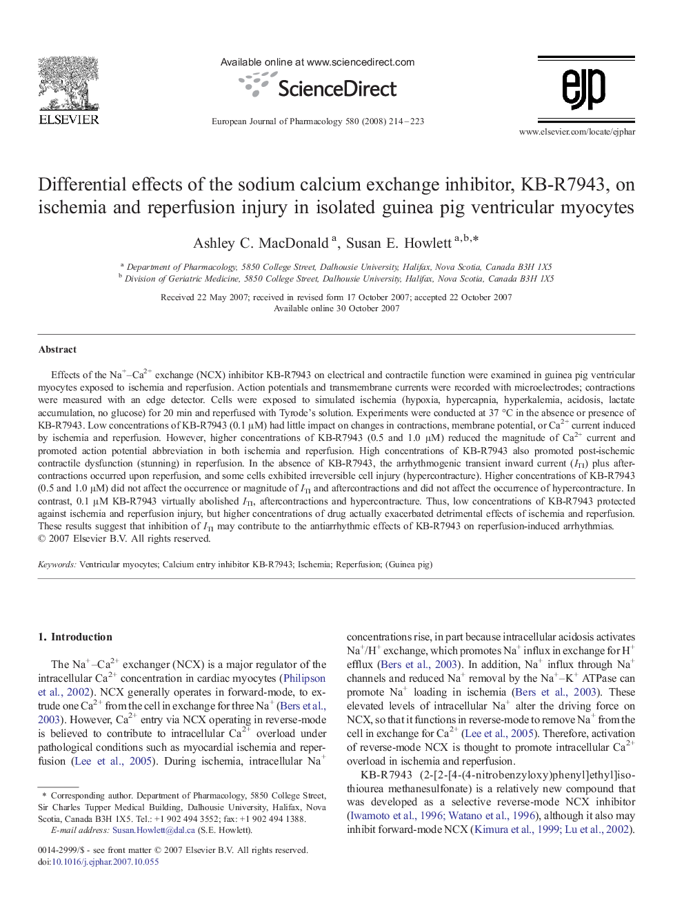 Differential effects of the sodium calcium exchange inhibitor, KB-R7943, on ischemia and reperfusion injury in isolated guinea pig ventricular myocytes