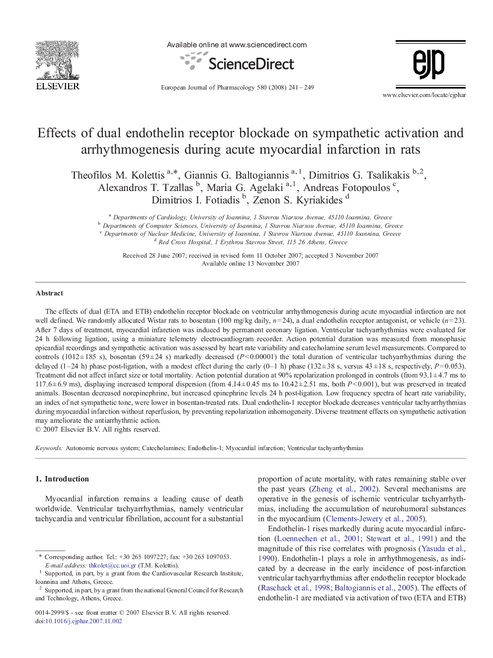 Effects of dual endothelin receptor blockade on sympathetic activation and arrhythmogenesis during acute myocardial infarction in rats