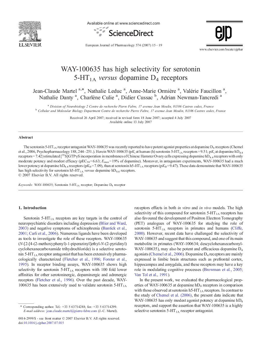 WAY-100635 has high selectivity for serotonin 5-HT1Aversus dopamine D4 receptors