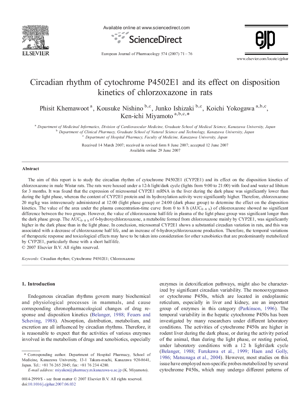 Circadian rhythm of cytochrome P4502E1 and its effect on disposition kinetics of chlorzoxazone in rats