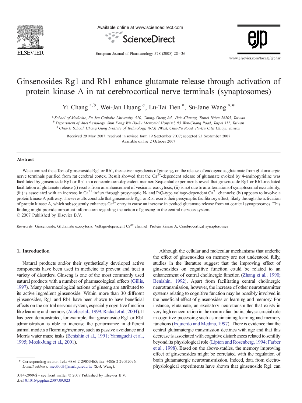 Ginsenosides Rg1 and Rb1 enhance glutamate release through activation of protein kinase A in rat cerebrocortical nerve terminals (synaptosomes)