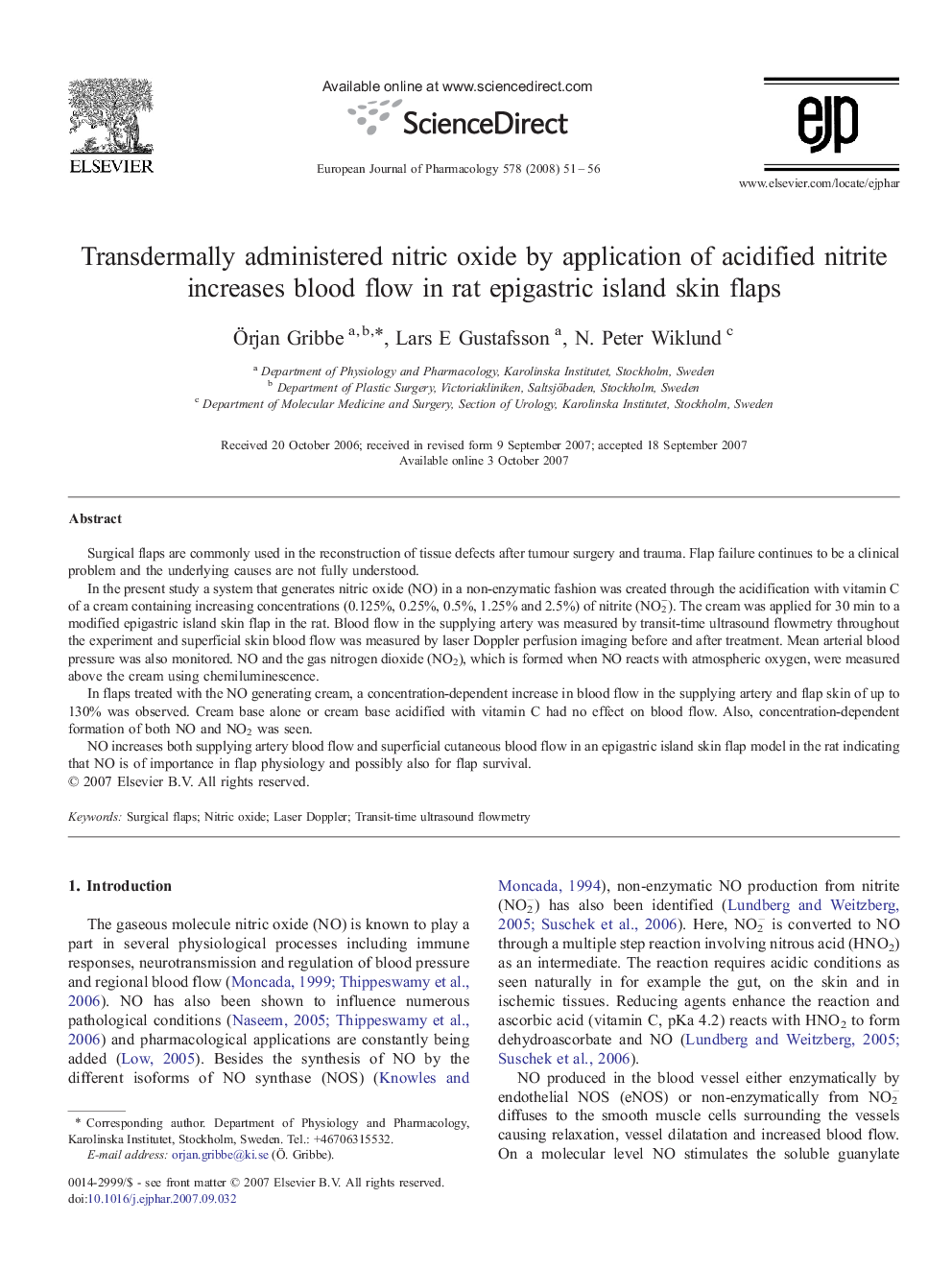 عکس صفحه اول مقاله: Transdermally administered nitric oxide by application of acidified nitrite increases blood flow in rat epigastric island skin flaps Transdermally administered nitric oxide by application of acidified nitrite increases blood flow in rat epigastric island skin flaps