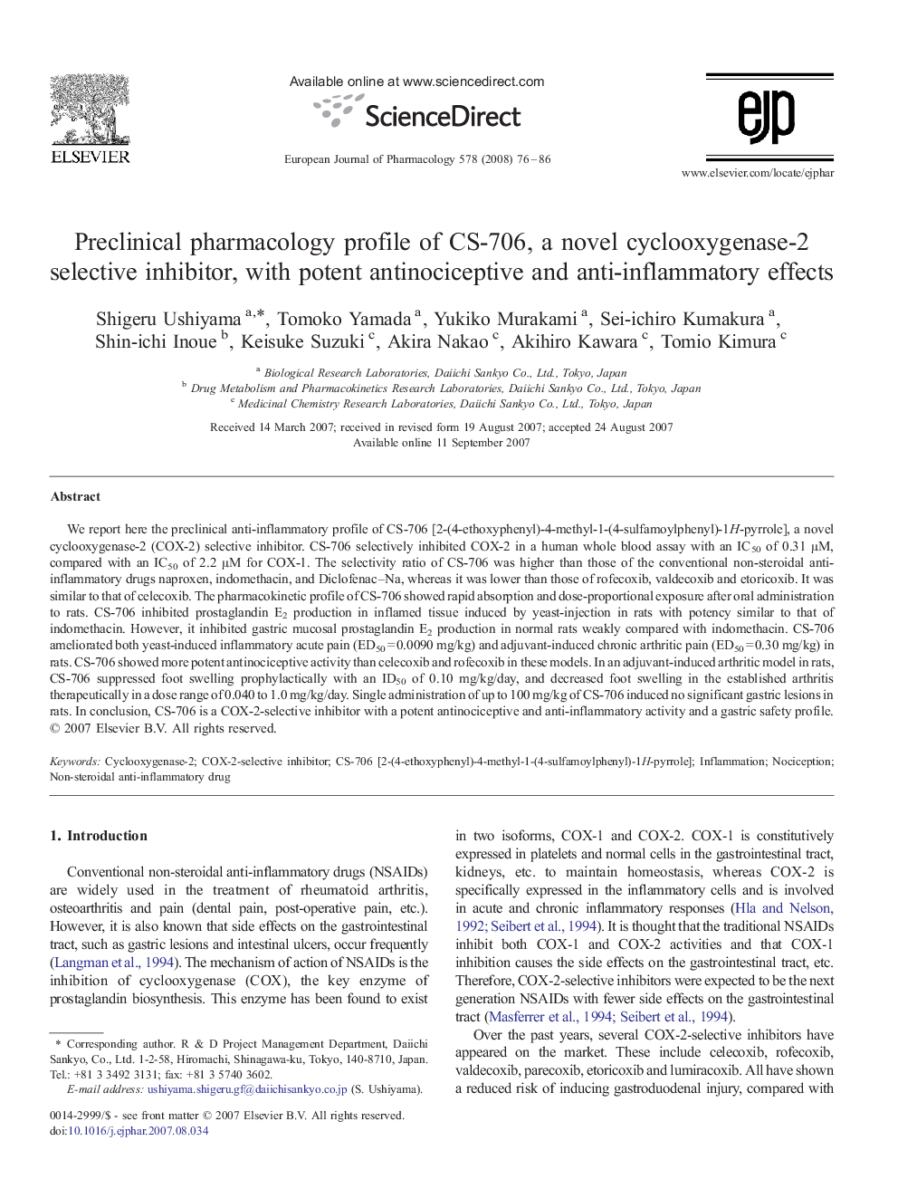 Preclinical pharmacology profile of CS-706, a novel cyclooxygenase-2 selective inhibitor, with potent antinociceptive and anti-inflammatory effects