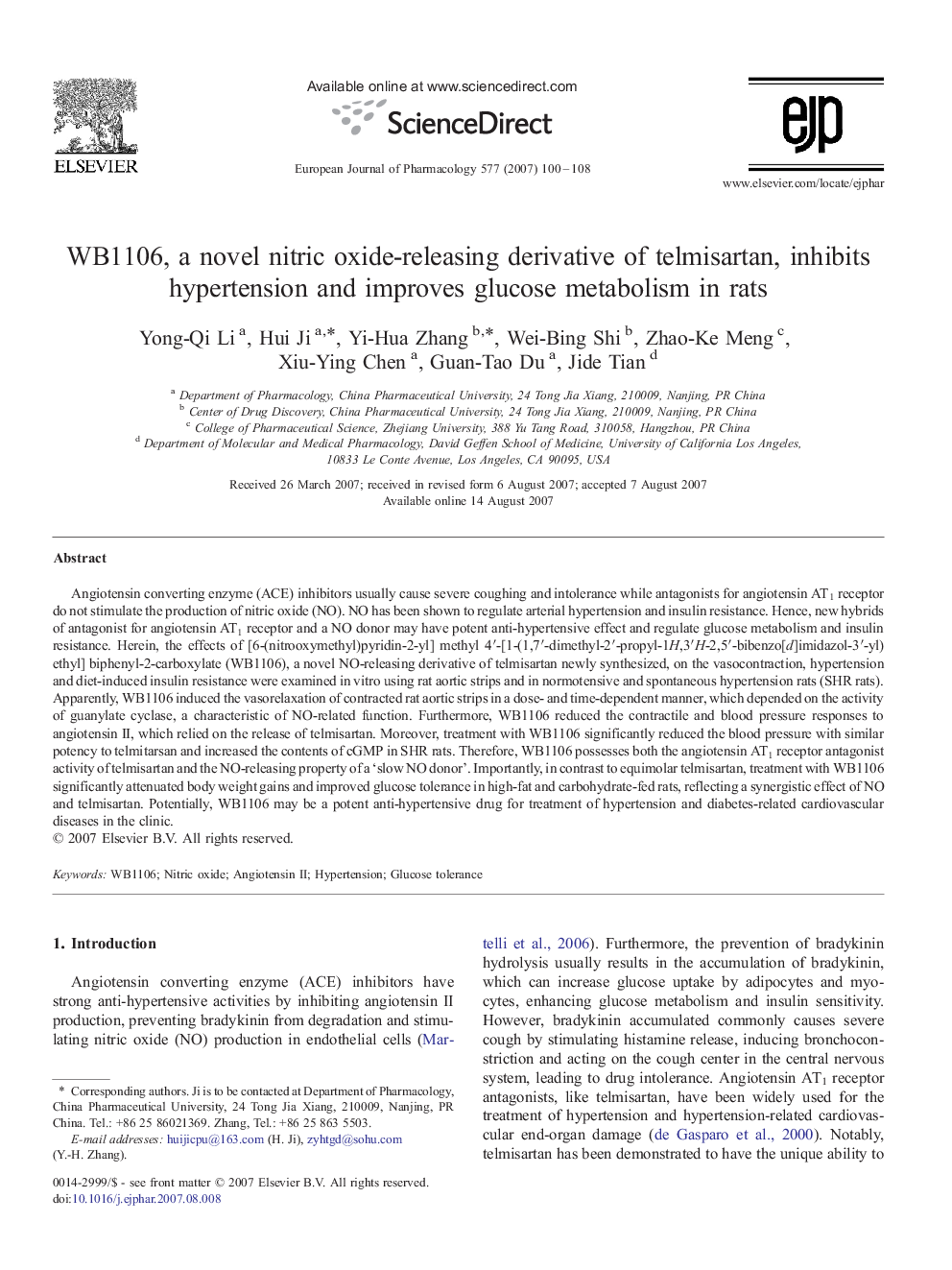 WB1106, a novel nitric oxide-releasing derivative of telmisartan, inhibits hypertension and improves glucose metabolism in rats