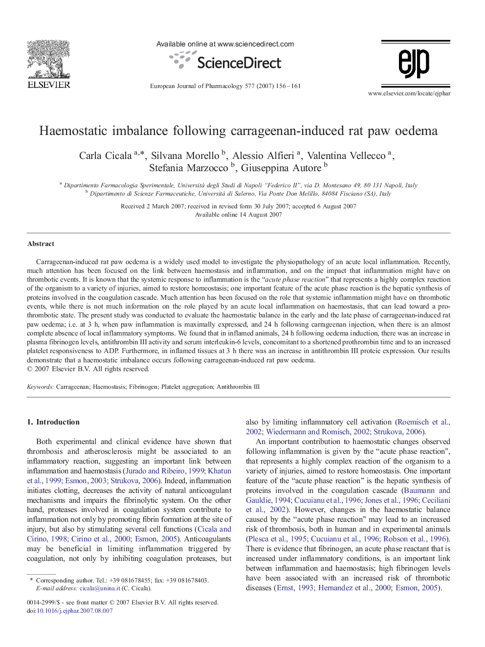 Haemostatic imbalance following carrageenan-induced rat paw oedema