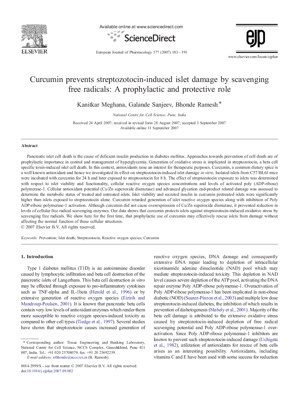 Curcumin prevents streptozotocin-induced islet damage by scavenging free radicals: A prophylactic and protective role