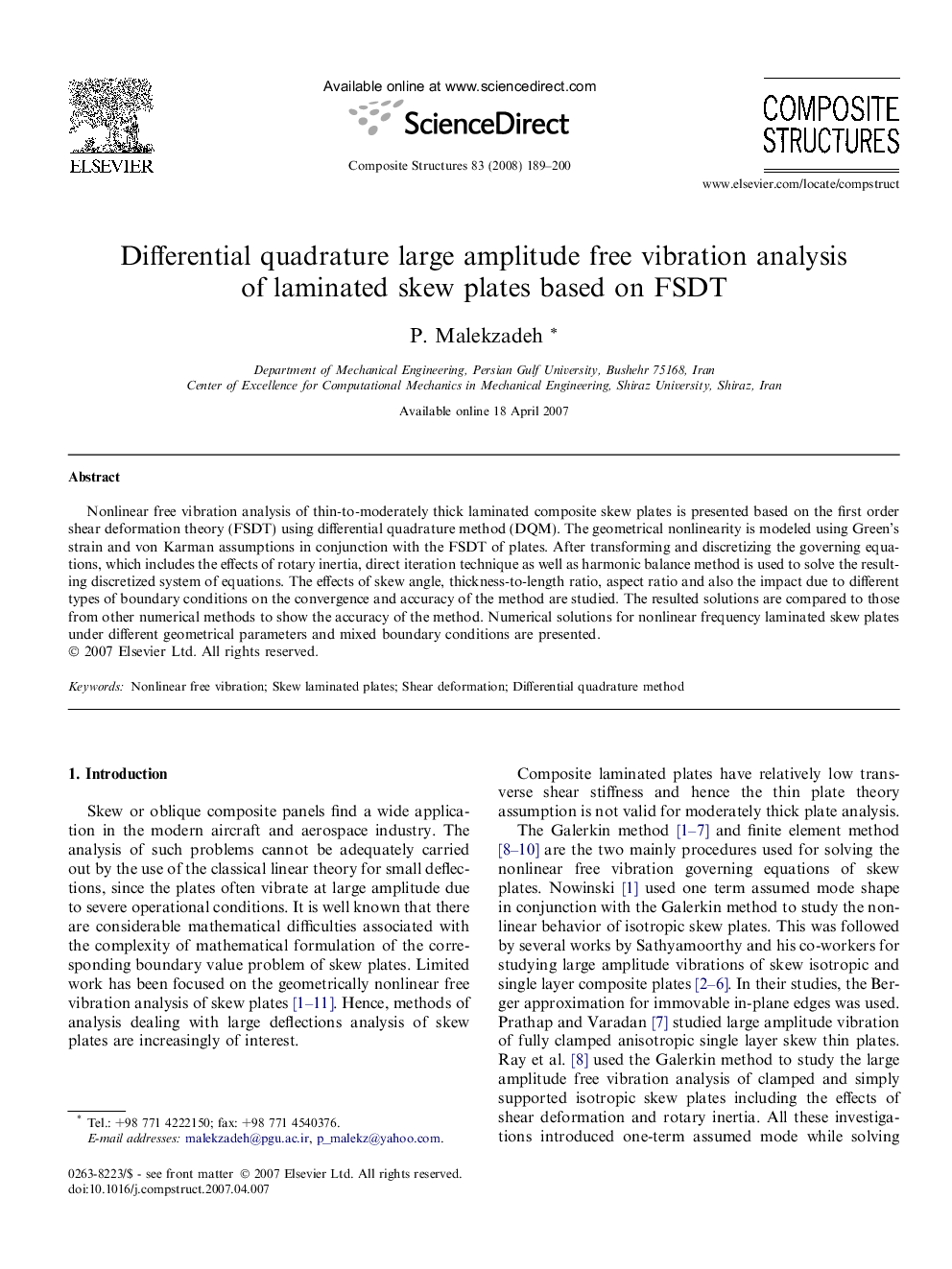 Differential quadrature large amplitude free vibration analysis of laminated skew plates based on FSDT