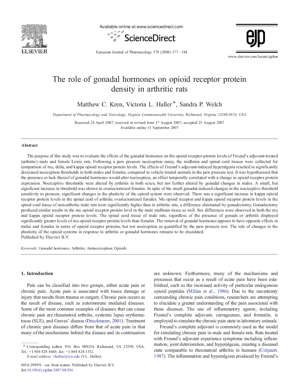 The role of gonadal hormones on opioid receptor protein density in arthritic rats