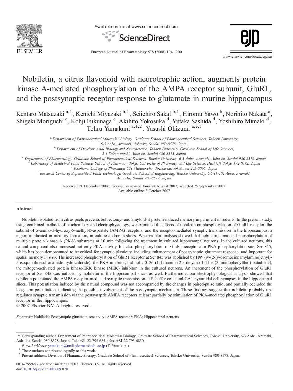 Nobiletin, a citrus flavonoid with neurotrophic action, augments protein kinase A-mediated phosphorylation of the AMPA receptor subunit, GluR1, and the postsynaptic receptor response to glutamate in murine hippocampus