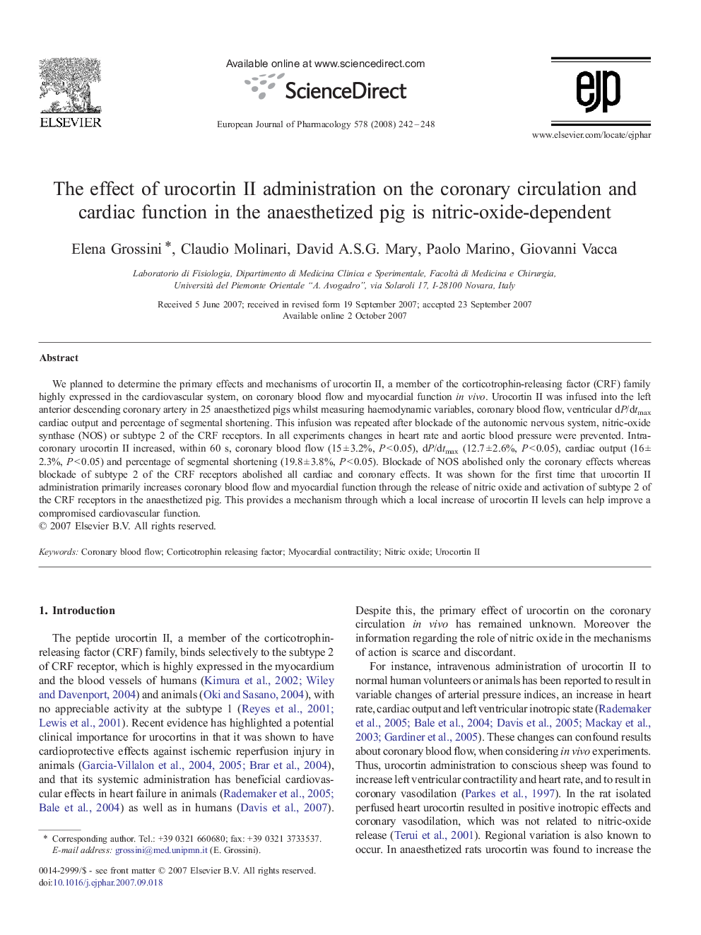 The effect of urocortin II administration on the coronary circulation and cardiac function in the anaesthetized pig is nitric-oxide-dependent