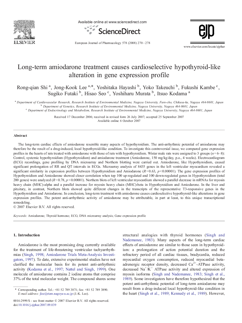 Long-term amiodarone treatment causes cardioselective hypothyroid-like alteration in gene expression profile