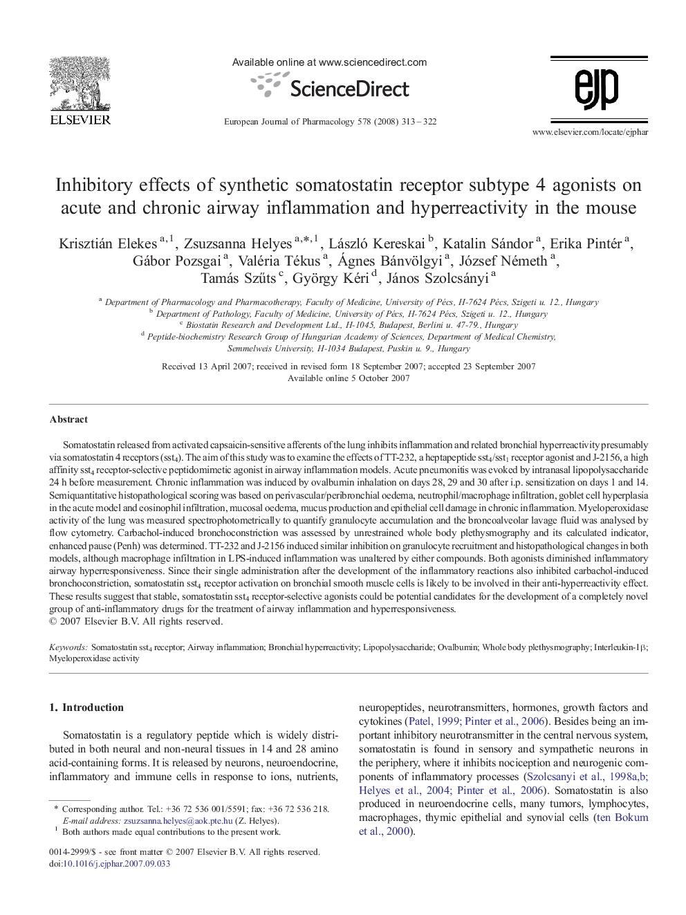 Inhibitory effects of synthetic somatostatin receptor subtype 4 agonists on acute and chronic airway inflammation and hyperreactivity in the mouse