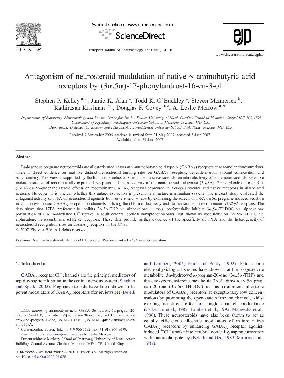 Antagonism of neurosteroid modulation of native γ-aminobutyric acid receptors by (3α,5α)-17-phenylandrost-16-en-3-ol