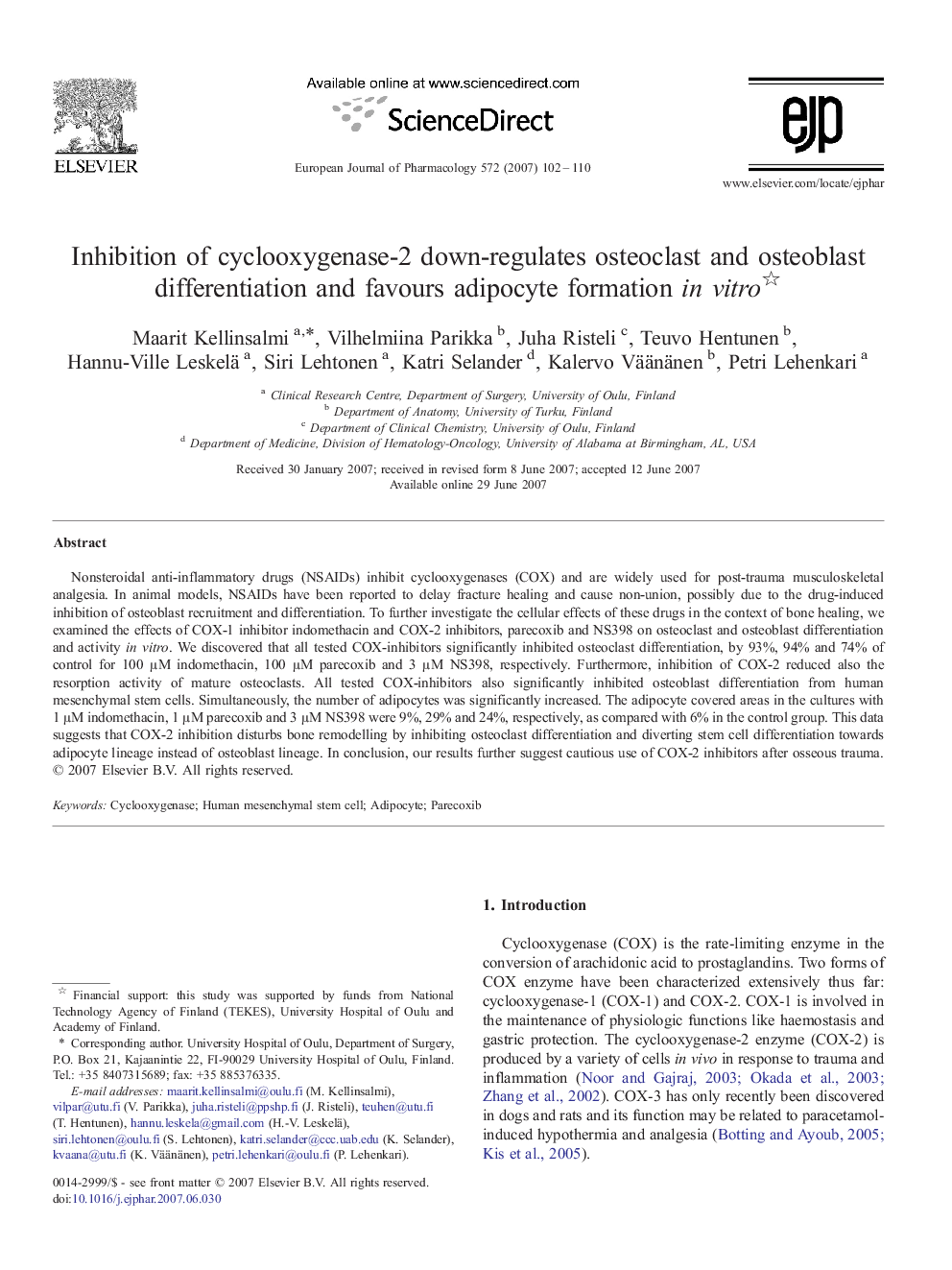 Inhibition of cyclooxygenase-2 down-regulates osteoclast and osteoblast differentiation and favours adipocyte formation in vitro 