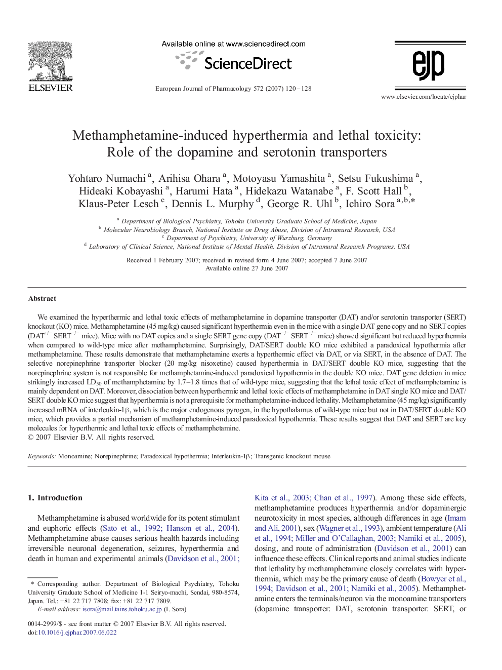 Methamphetamine-induced hyperthermia and lethal toxicity: Role of the dopamine and serotonin transporters