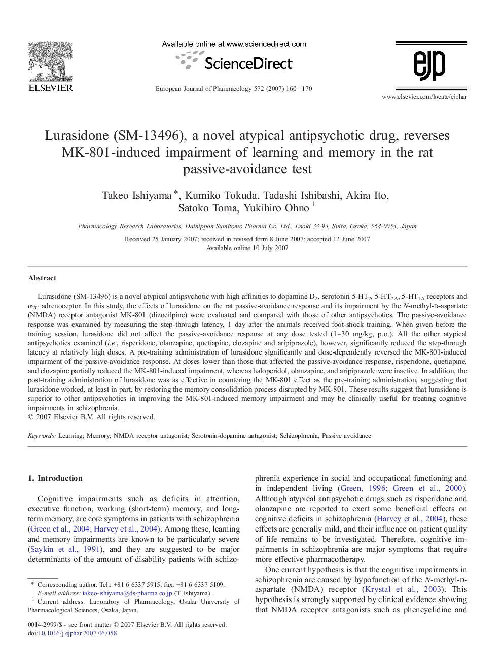 Lurasidone (SM-13496), a novel atypical antipsychotic drug, reverses MK-801-induced impairment of learning and memory in the rat passive-avoidance test