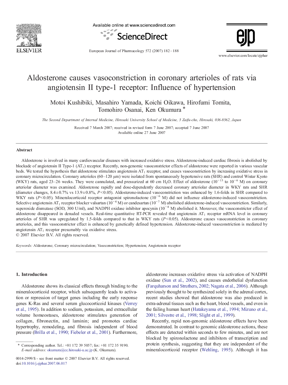 Aldosterone causes vasoconstriction in coronary arterioles of rats via angiotensin II type-1 receptor: Influence of hypertension