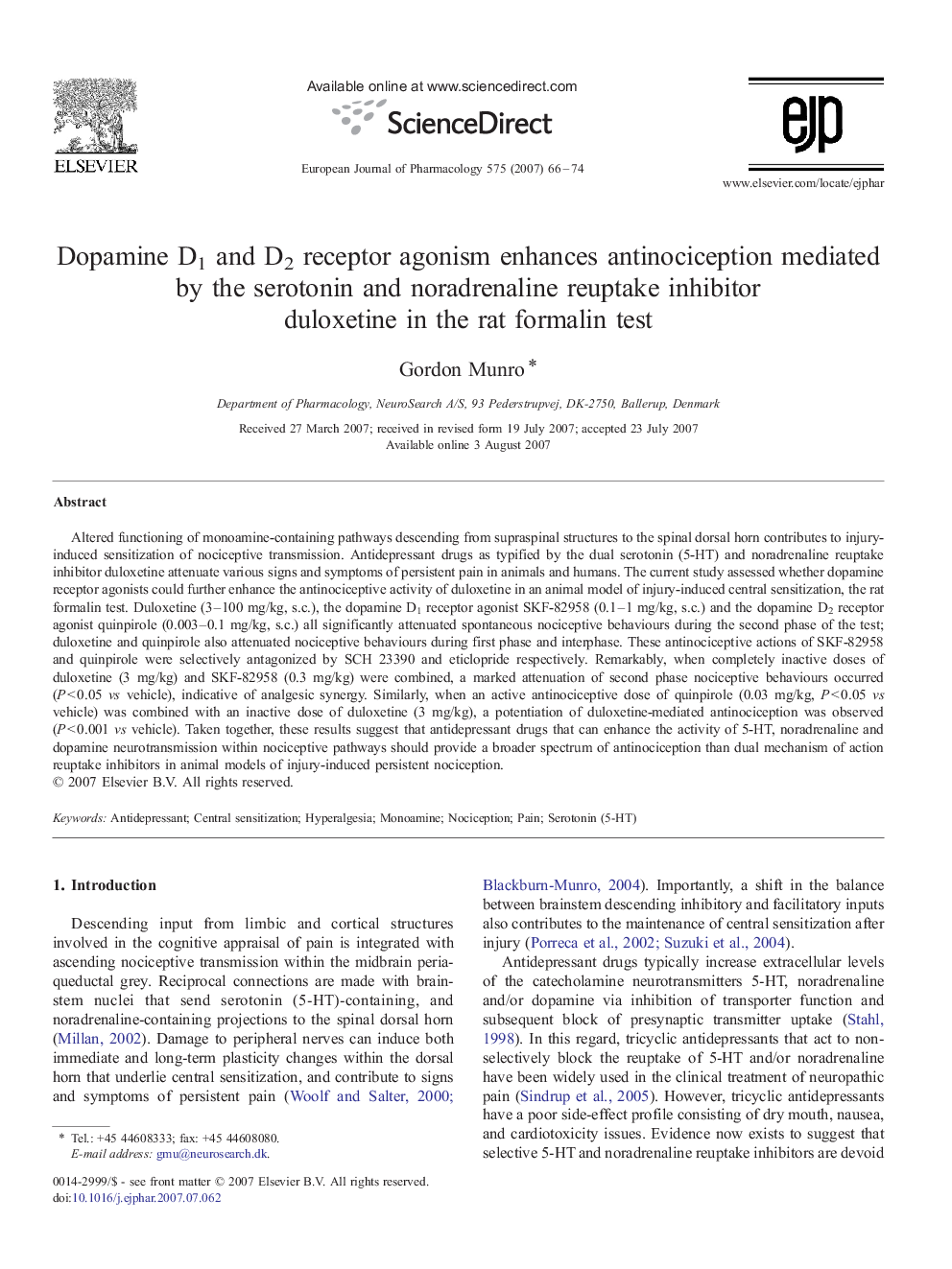 Dopamine D1 and D2 receptor agonism enhances antinociception mediated by the serotonin and noradrenaline reuptake inhibitor duloxetine in the rat formalin test