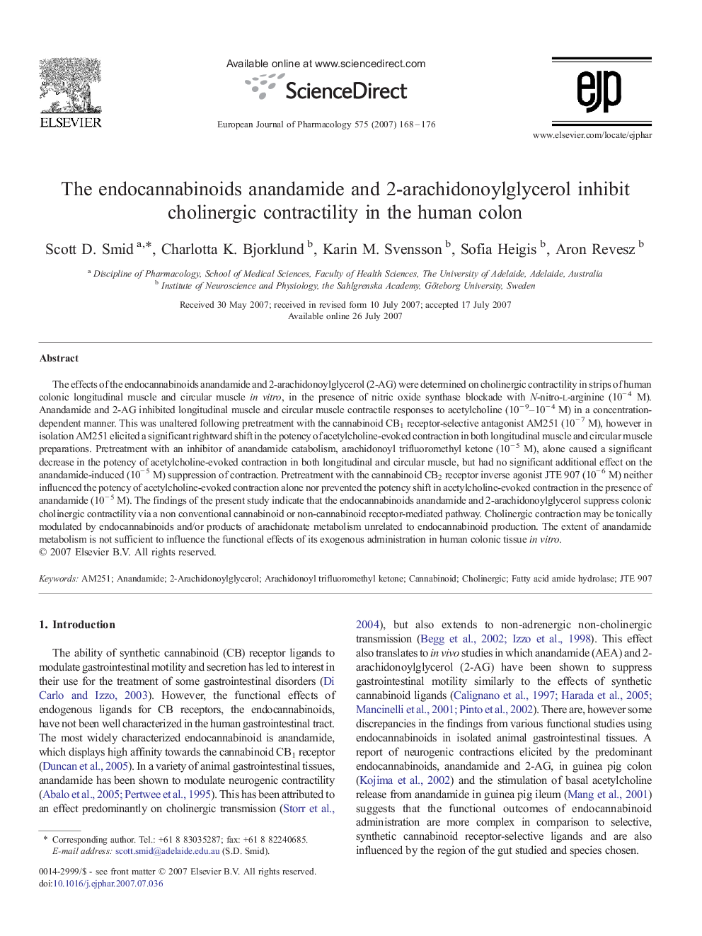 The endocannabinoids anandamide and 2-arachidonoylglycerol inhibit cholinergic contractility in the human colon