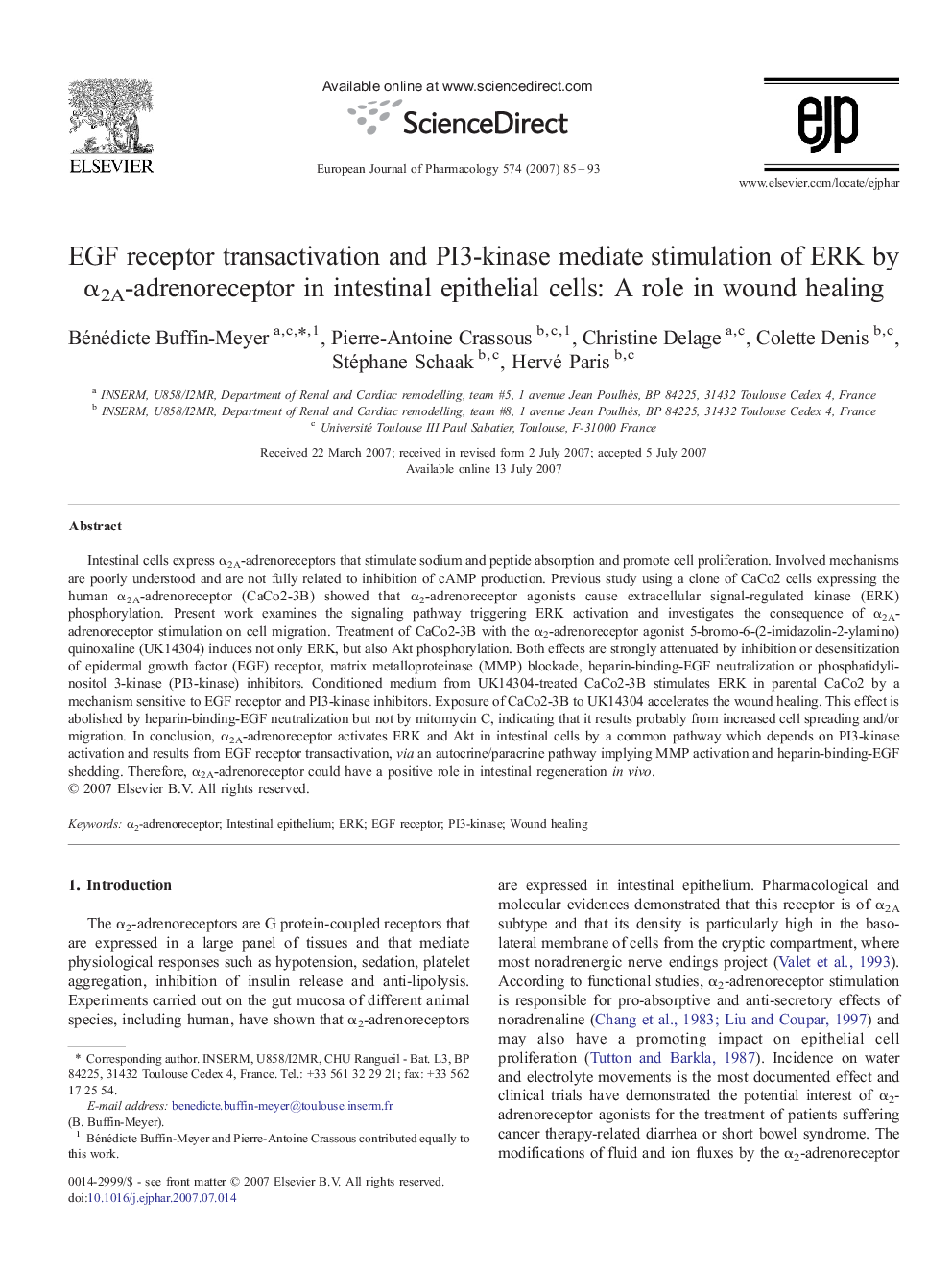 EGF receptor transactivation and PI3-kinase mediate stimulation of ERK by α2A-adrenoreceptor in intestinal epithelial cells: A role in wound healing