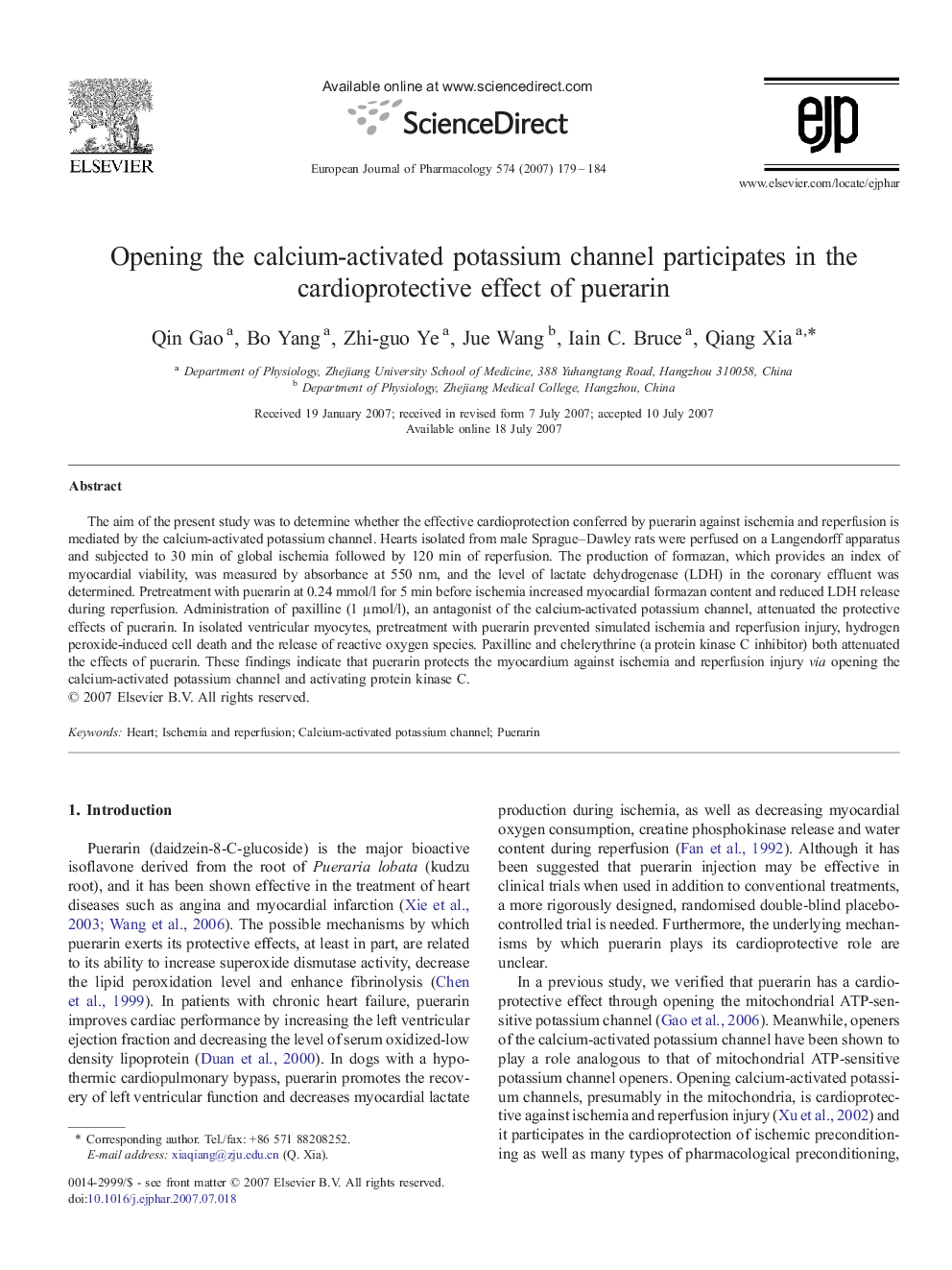 Opening the calcium-activated potassium channel participates in the cardioprotective effect of puerarin