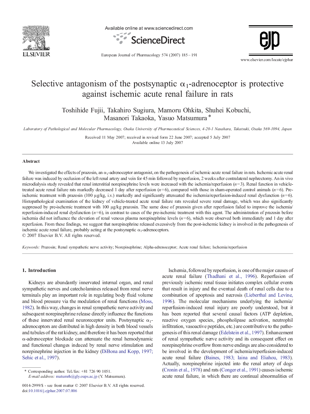 Selective antagonism of the postsynaptic α1-adrenoceptor is protective against ischemic acute renal failure in rats