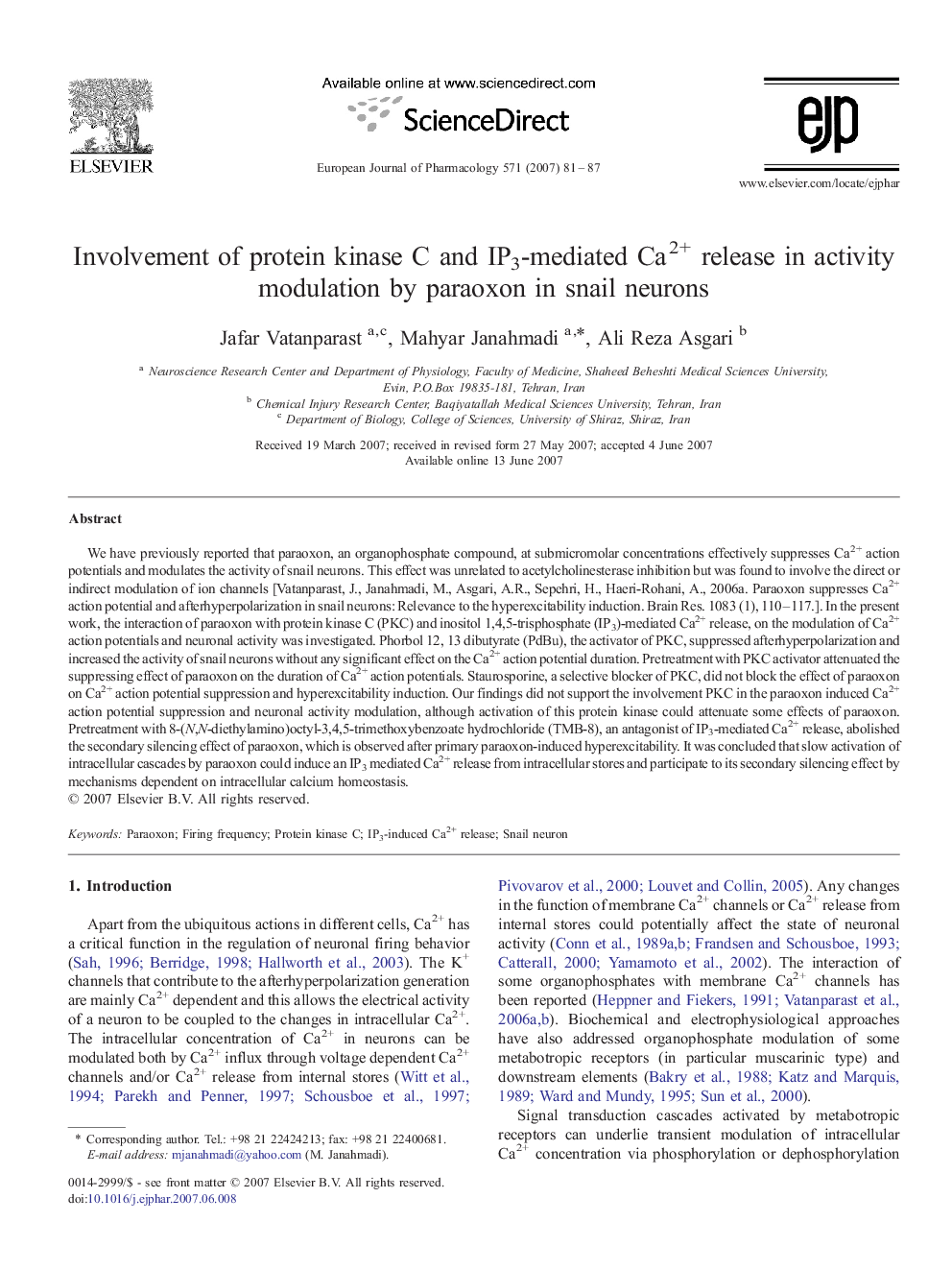 Involvement of protein kinase C and IP3-mediated Ca2+ release in activity modulation by paraoxon in snail neurons