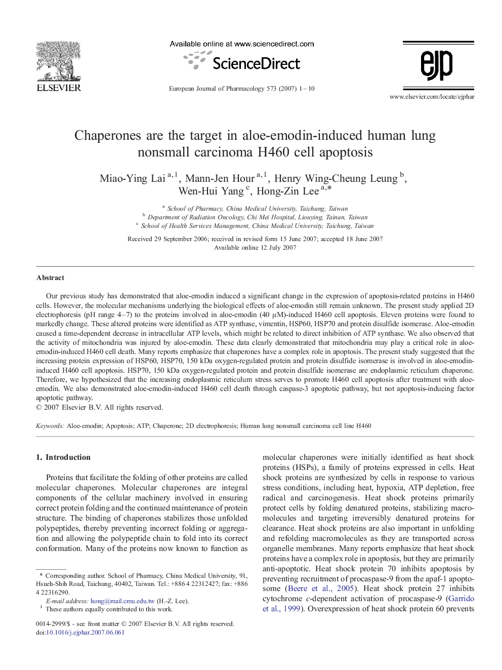 Chaperones are the target in aloe-emodin-induced human lung nonsmall carcinoma H460 cell apoptosis