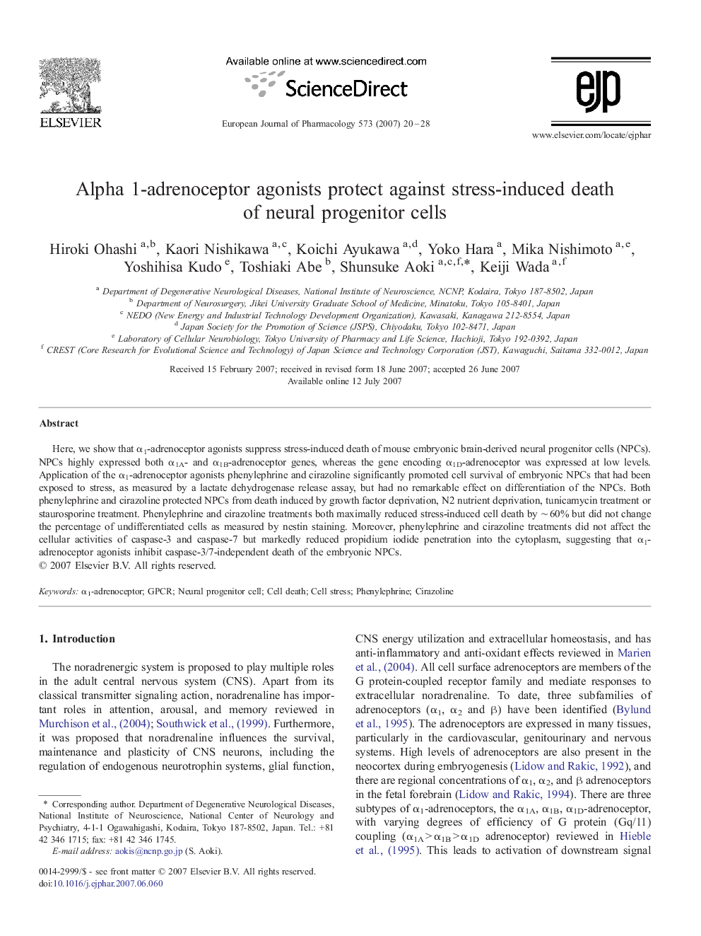 Alpha 1-adrenoceptor agonists protect against stress-induced death of neural progenitor cells