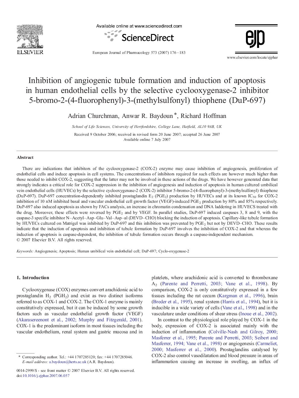 Inhibition of angiogenic tubule formation and induction of apoptosis in human endothelial cells by the selective cyclooxygenase-2 inhibitor 5-bromo-2-(4-fluorophenyl)-3-(methylsulfonyl) thiophene (DuP-697)