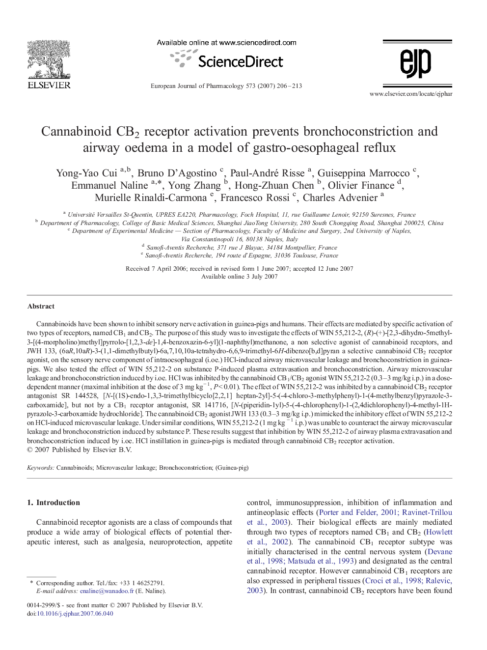 Cannabinoid CB2 receptor activation prevents bronchoconstriction and airway oedema in a model of gastro-oesophageal reflux