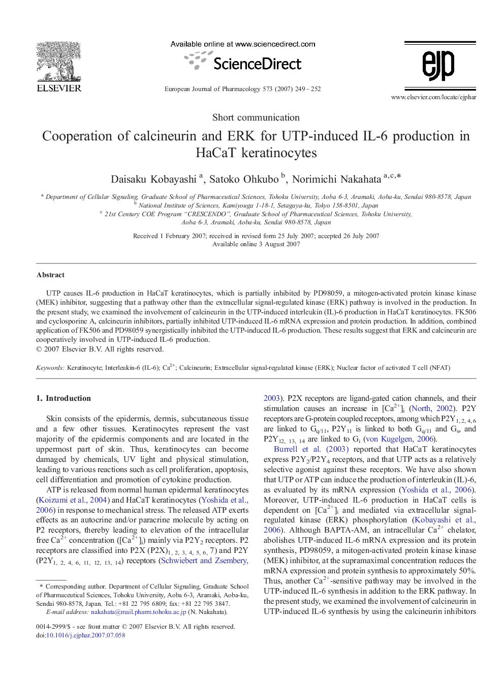 Cooperation of calcineurin and ERK for UTP-induced IL-6 production in HaCaT keratinocytes