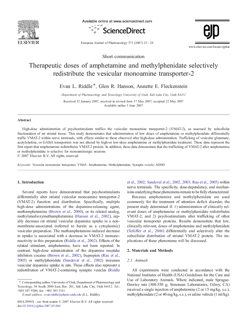 Therapeutic doses of amphetamine and methylphenidate selectively redistribute the vesicular monoamine transporter-2