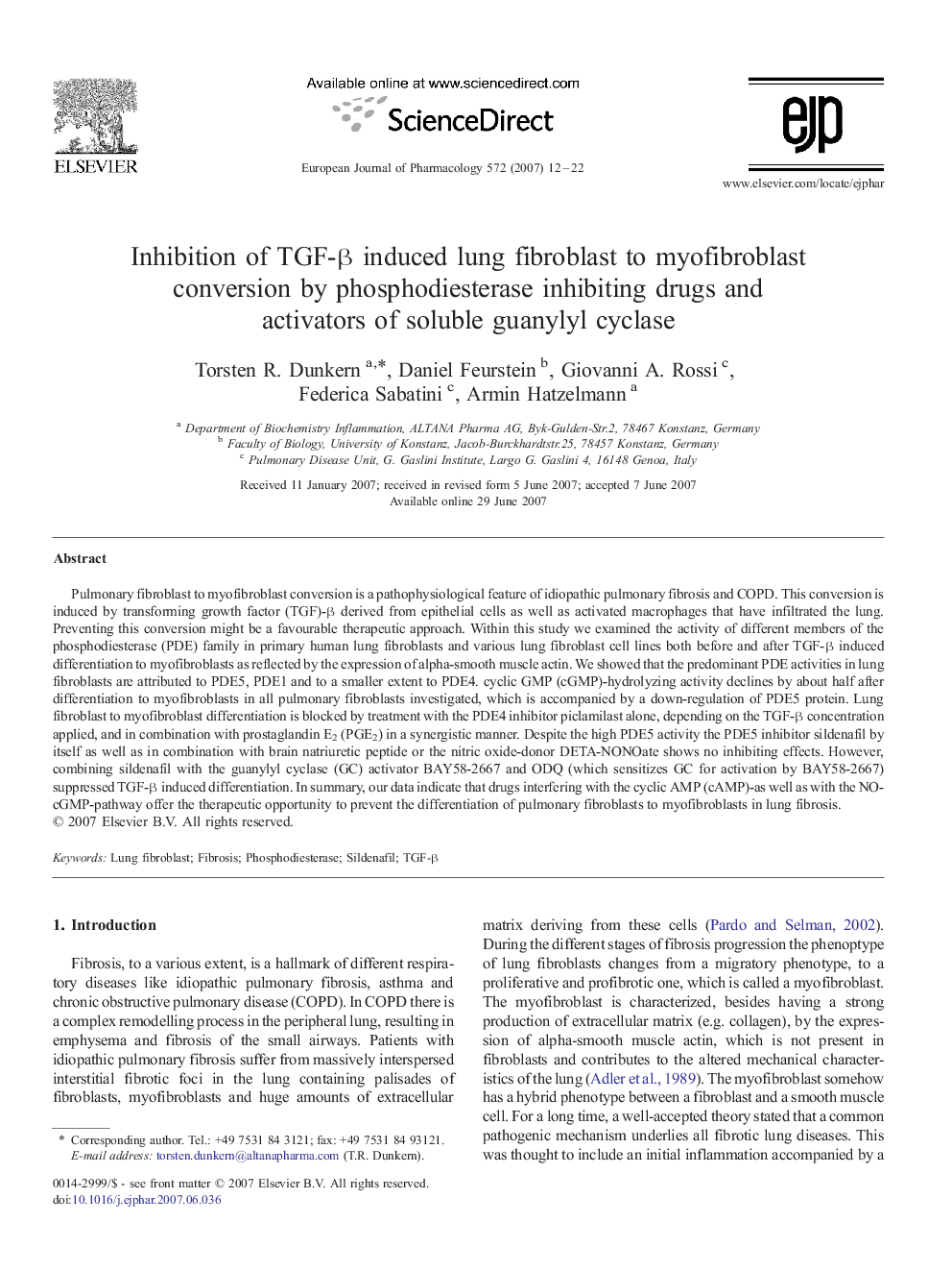 Inhibition of TGF-β induced lung fibroblast to myofibroblast conversion by phosphodiesterase inhibiting drugs and activators of soluble guanylyl cyclase