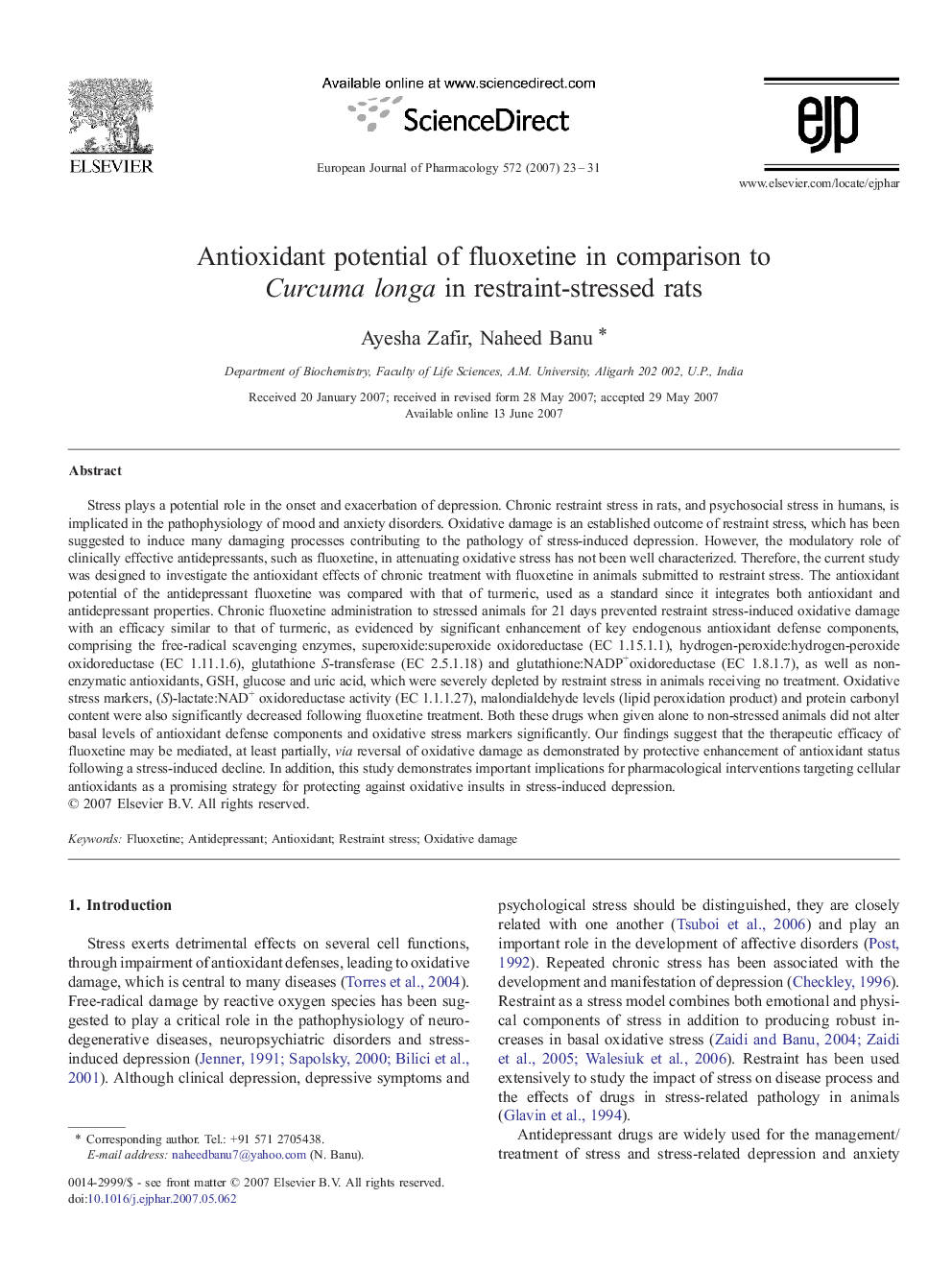 Antioxidant potential of fluoxetine in comparison to Curcuma longa in restraint-stressed rats