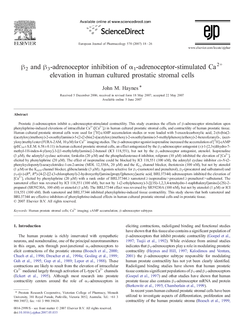 β2 and β3-adrenoceptor inhibition of α1-adrenoceptor-stimulated Ca2+ elevation in human cultured prostatic stromal cells