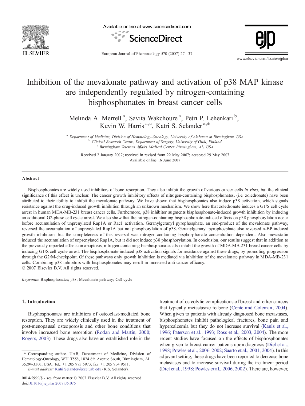 Inhibition of the mevalonate pathway and activation of p38 MAP kinase are independently regulated by nitrogen-containing bisphosphonates in breast cancer cells