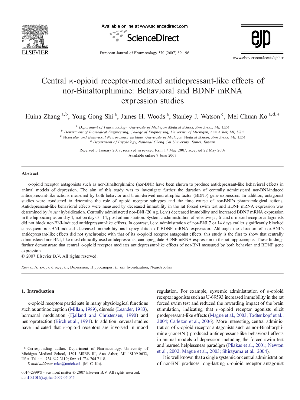 Central κ-opioid receptor-mediated antidepressant-like effects of nor-Binaltorphimine: Behavioral and BDNF mRNA expression studies