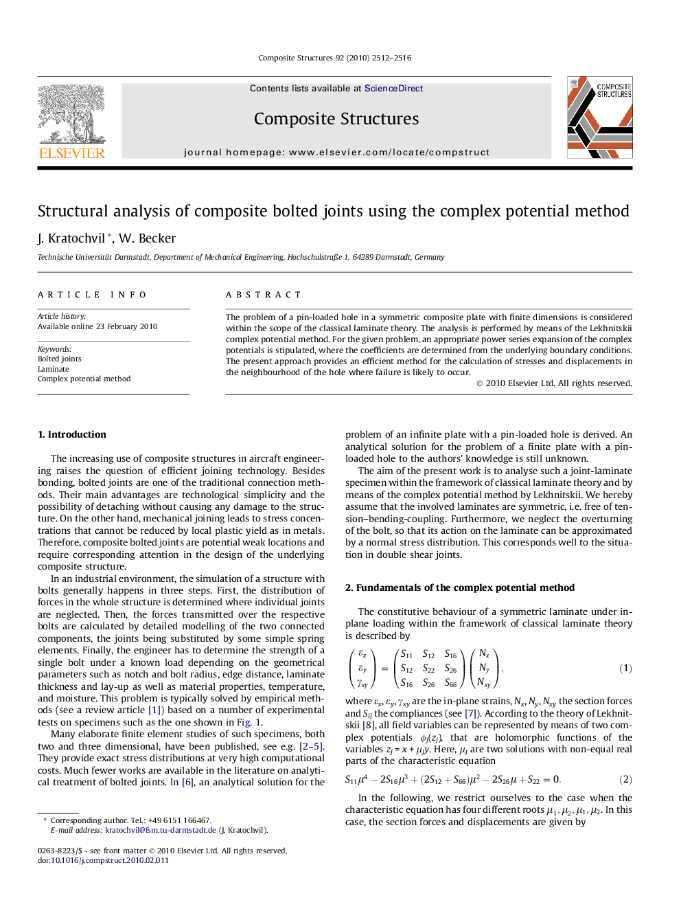 Structural analysis of composite bolted joints using the complex potential method