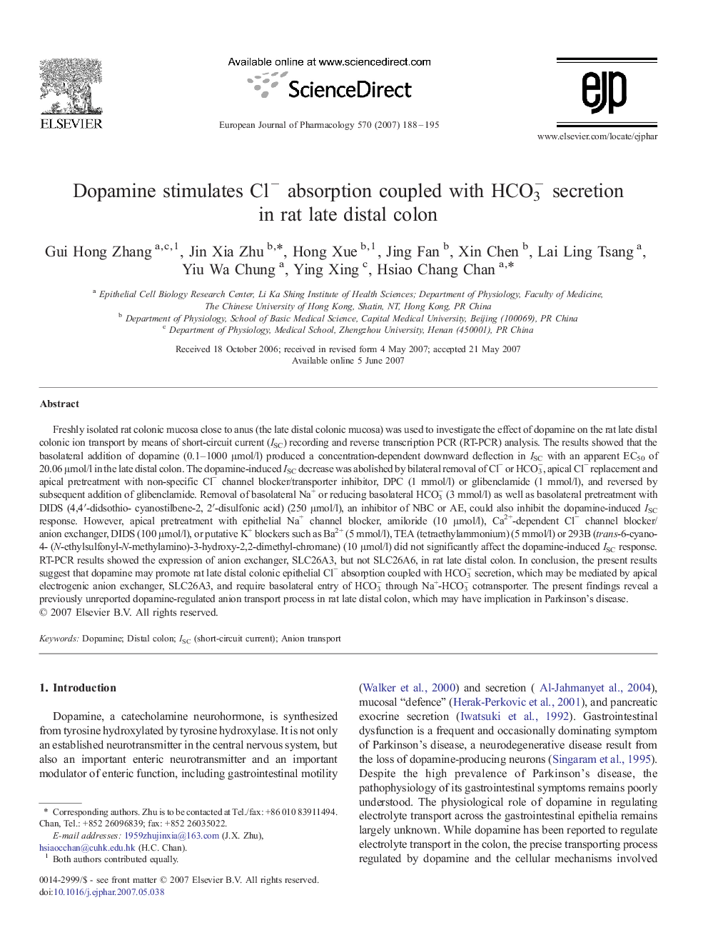 Dopamine stimulates Cl− absorption coupled with HCO3− secretion in rat late distal colon