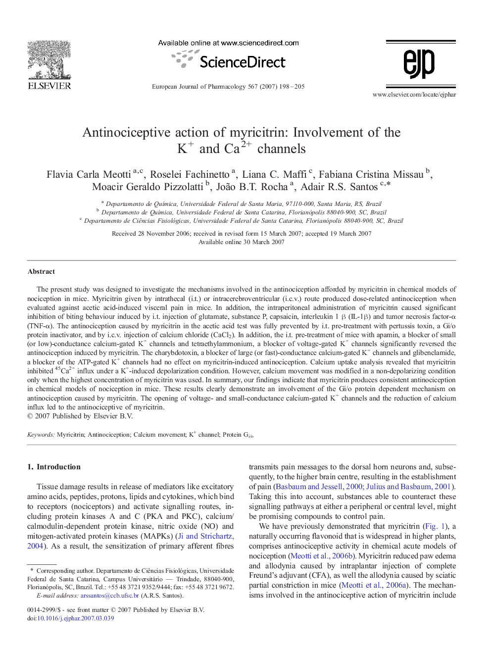 Antinociceptive action of myricitrin: Involvement of the K+ and Ca2+ channels