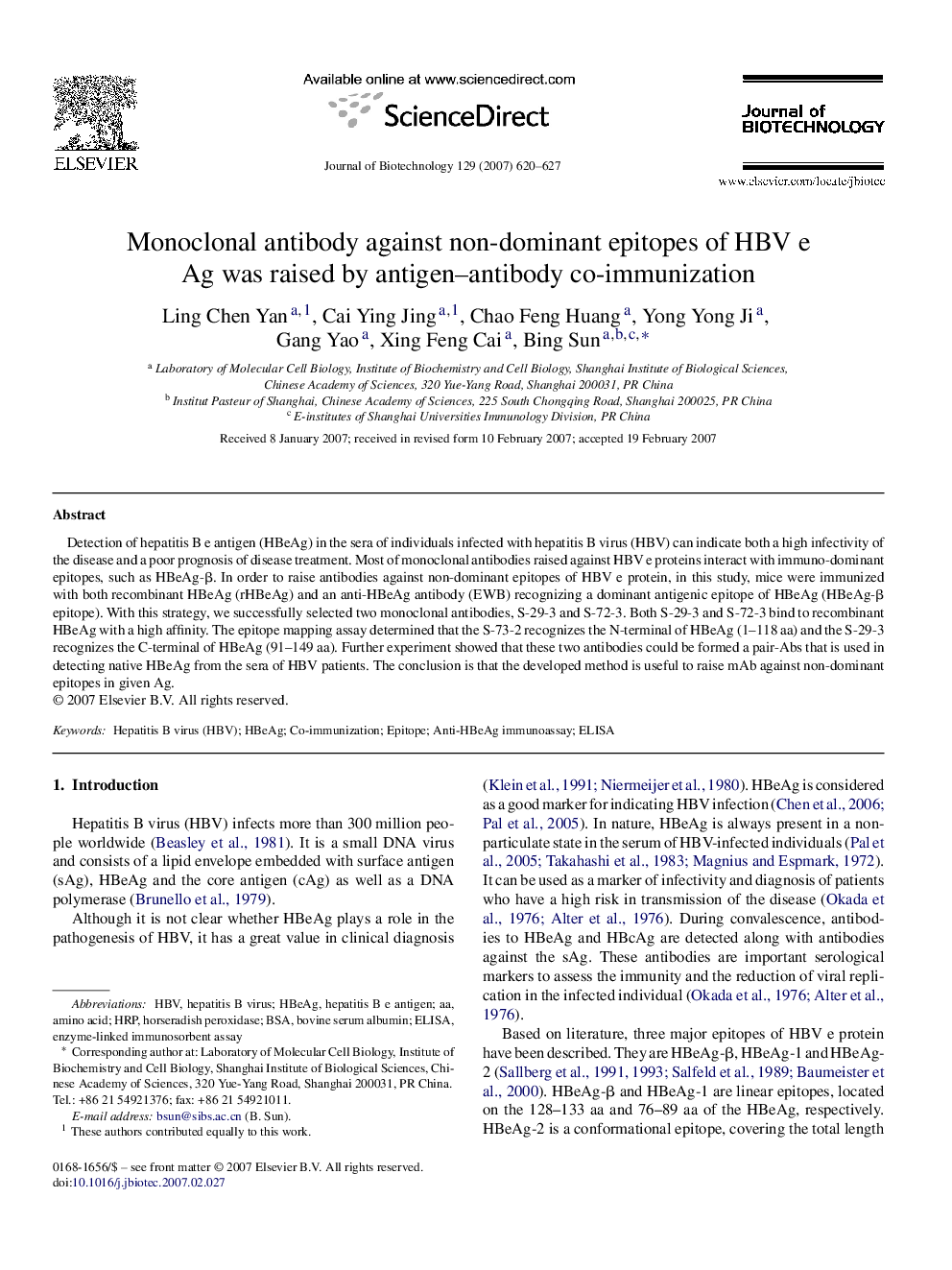 Monoclonal antibody against non-dominant epitopes of HBV e Ag was raised by antigen–antibody co-immunization