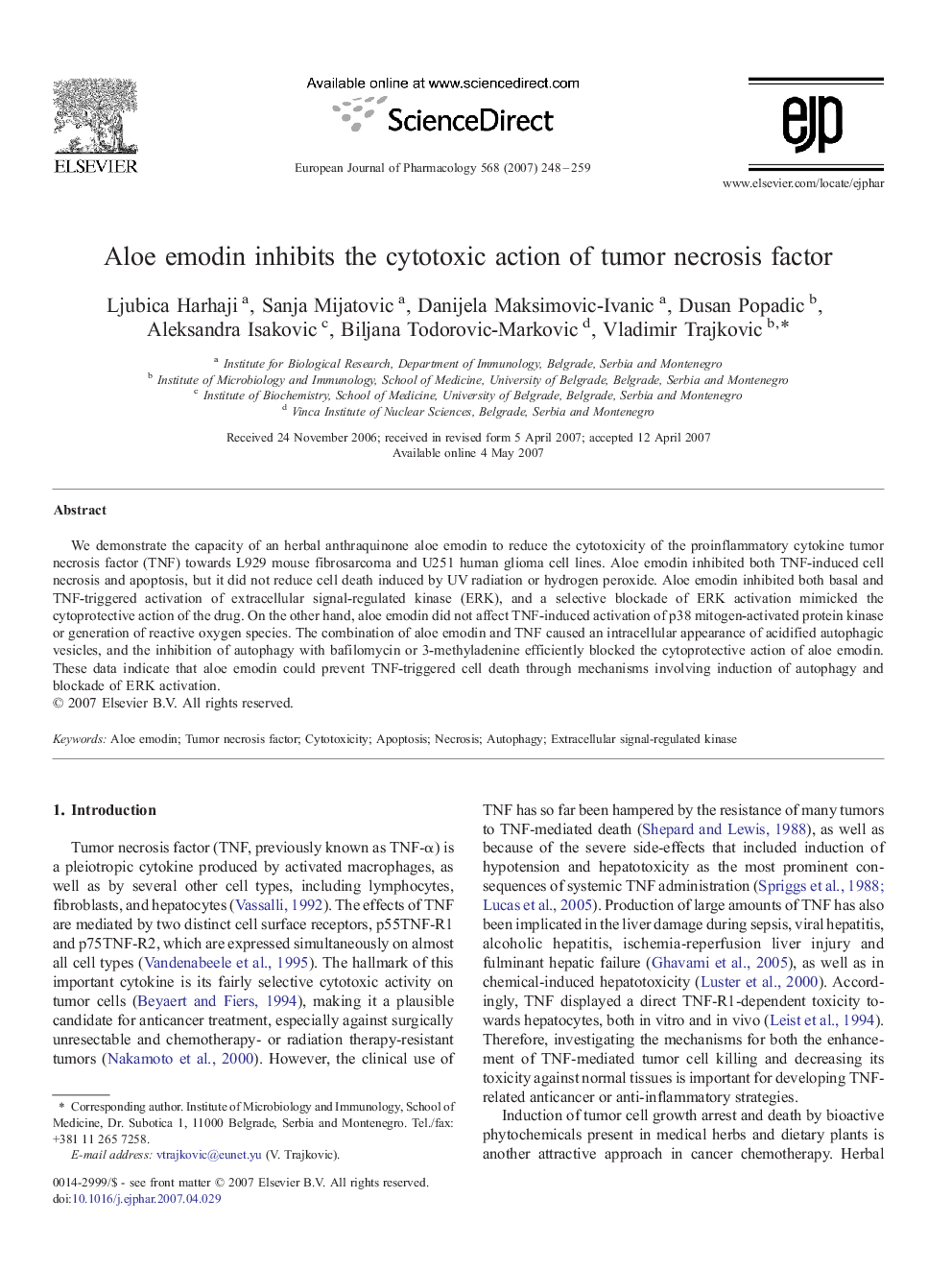 Aloe emodin inhibits the cytotoxic action of tumor necrosis factor