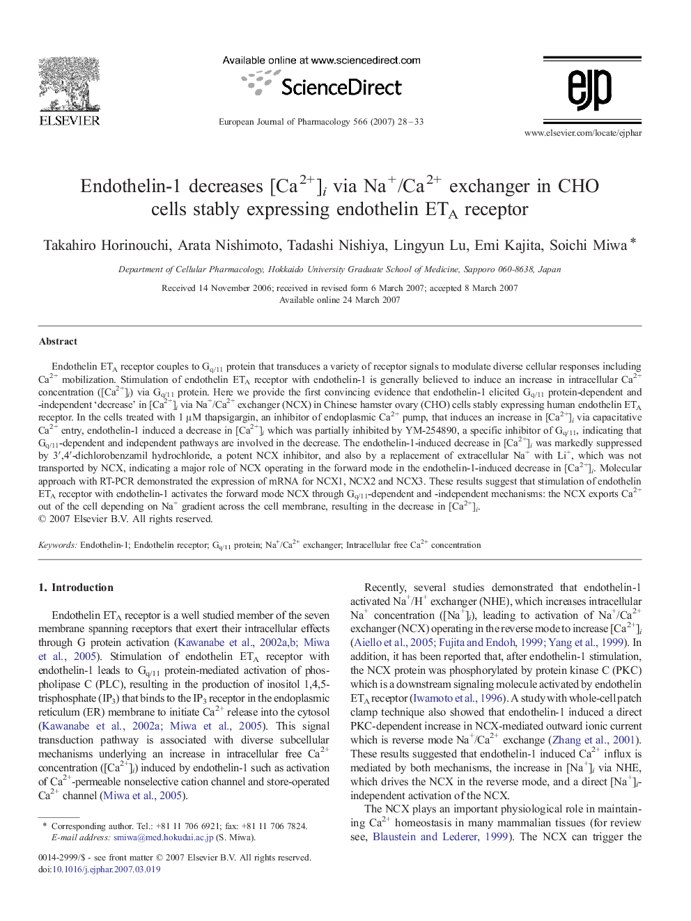 Endothelin-1 decreases [Ca2+]i via Na+/Ca2+ exchanger in CHO cells stably expressing endothelin ETA receptor