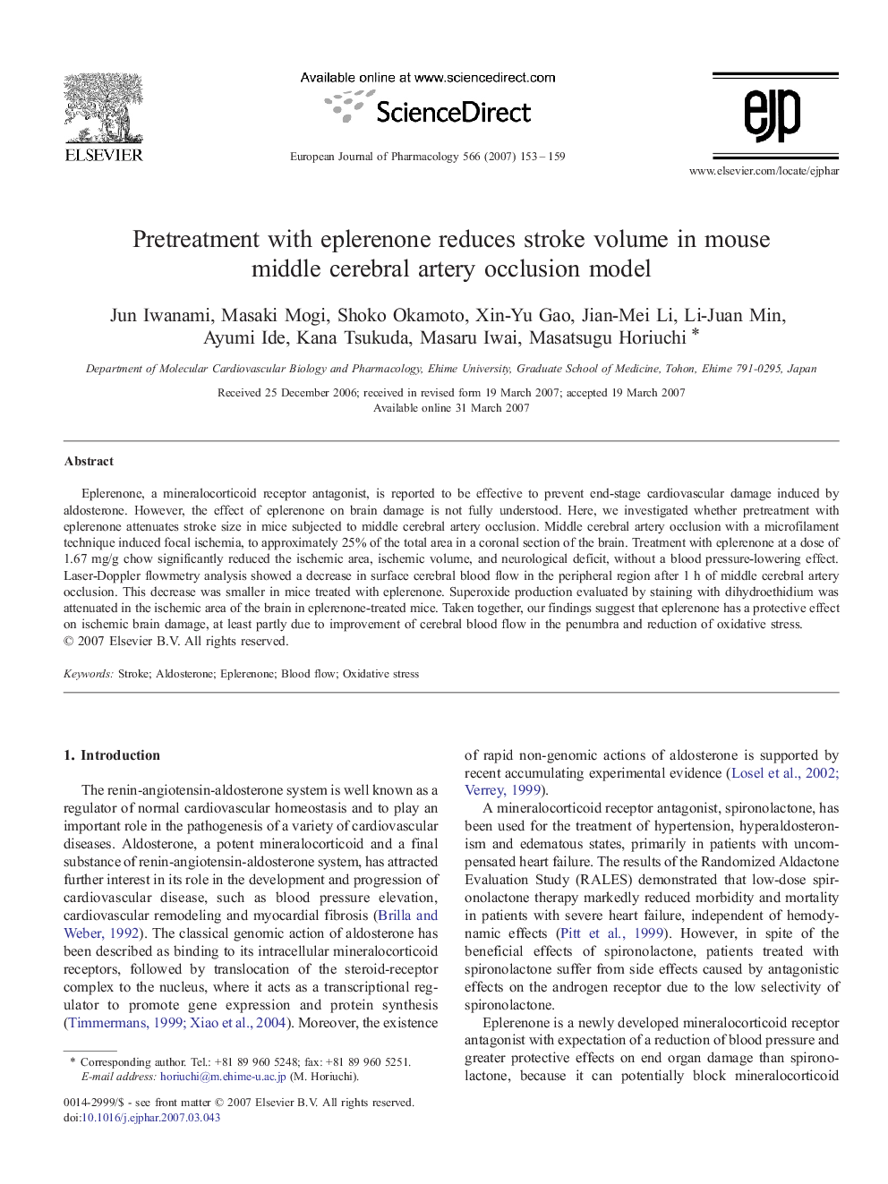 Pretreatment with eplerenone reduces stroke volume in mouse middle cerebral artery occlusion model