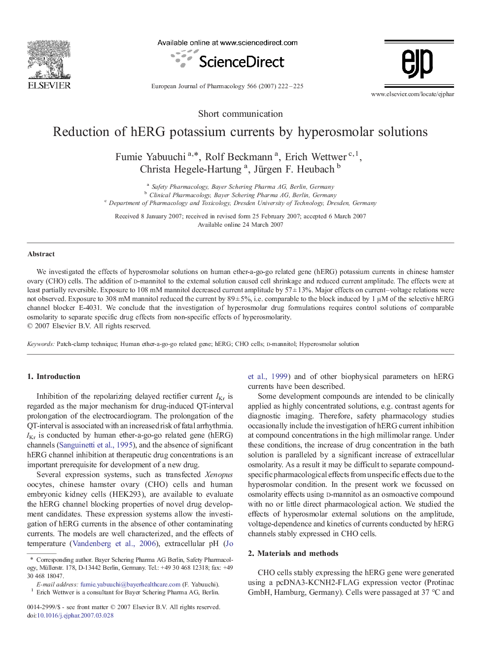 Reduction of hERG potassium currents by hyperosmolar solutions